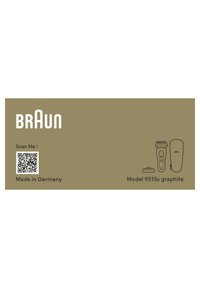 Braun-Logo, QR-Code mit "Scanne mich!", Text "Hergestellt in Deutschland" und Strichzeichnungen von einem elektrischen Rasierer, Ladegerät und Reißverschlusstasche, Modell 9515s Graphit.