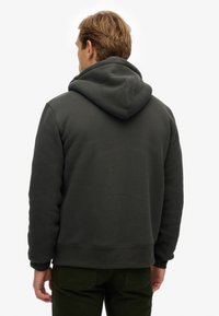 Hoodie in donkergrijs, gemaakt van zachte stof met een relaxed fit, ribgebreide manchetten en een kangoeroezak. Achteraanzicht weergegeven.