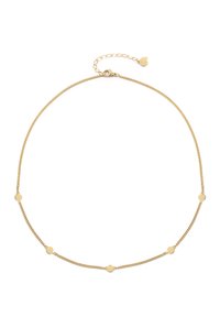 Gold chain necklace with circular accents, fine link design, adjustable clasp, and textured surface for a delicate appearance.