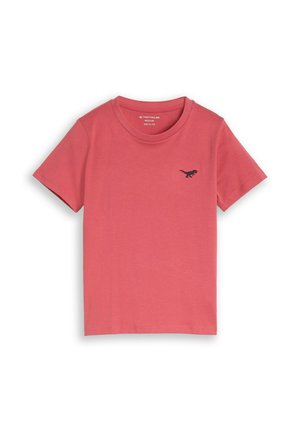 Maglietta rossa per bambini a maniche corte con scollo rotondo e piccolo logo nero di dinosauro sul petto sinistro.
