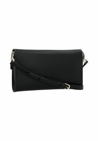 Borsa clutch in pelle nera con finitura testurizzata, dotata di tracolla rimovibile e hardware in tono oro. Design rettangolare elegante.