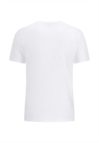 Camiseta de algodón blanca, de mangas cortas, con diseño de cuello redondo, textura suave, espalda sin costuras, adecuada para uso casual o para superponer.