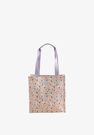Borsa tote in tela con motivo floreale e animale multicolore e manici viola chiaro.