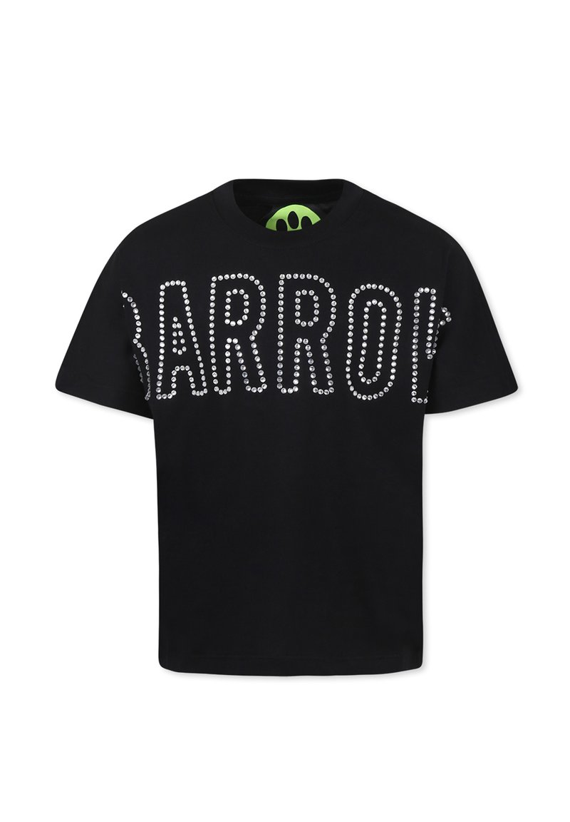 Zwarte katoenen t-shirt met grote met rhinestones bezette letters die "BARROW" lezen. Ronde hals en korte mouwen, met een groene binnenlabel.