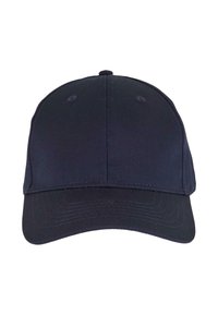 Granatowa czapka z materiału, z zakrzywionym daszkiem, sześcioma haftowanymi otworami wentylacyjnymi oraz gładką, teksturowaną powierzchnią.