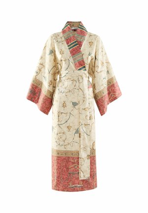 Cremefarbener Morgenmantel im Kimono-Stil aus Seide mit rotem und goldenem Musterbesatz, Blumendekor und Vasenmotiven, weiten Ärmeln und einem passenden Stoffgürtel.