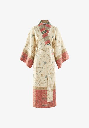 Cremefarbener Morgenmantel im Kimono-Stil aus Seide mit rotem und goldenem Musterbesatz, Blumendekor und Vasenmotiven, weiten Ärmeln und einem passenden Stoffgürtel.