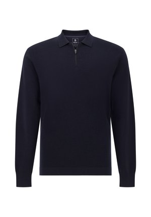 Pullover navy a maniche lunghe con collo a zip a quarto, caratterizzato da un motivo a maglia testurizzata e polsini e orlo a coste per un aspetto aderente.