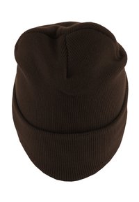 Brown knit beanie hat with a ribbed texture, featuring a rolled cuff and a slightly tapered crown design. No visible logos or patterns.