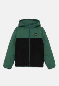 Padded jacket with a hood, featuring a green upper and a black textured fleece lower section, front zip, and logo patch at the chest.