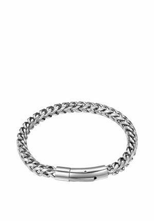 Silver metal bracelet with a braided design, featuring a smooth, rounded clasp for closure and a polished finish throughout.