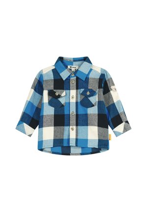 Blue, black, white, and gray plaid long-sleeve baby shirt with two front button pockets and a collar.