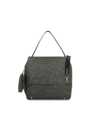 Dunkelgraue Handtasche mit kurzem Griff, abnehmbarem Riemen mit Metallverschluss und einem kleinen seitlich angebrachten Reißverschlusstäschchen.