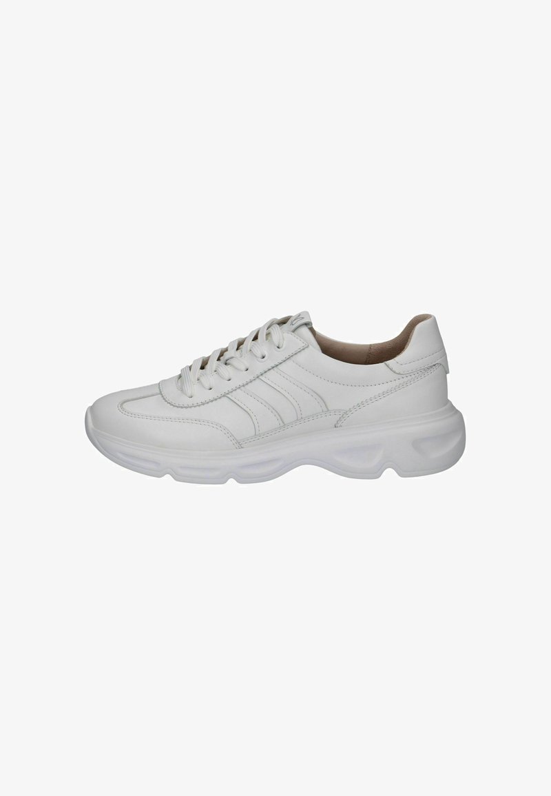 Sneaker in pelle bianca con punta arrotondata, strisce laterali con texture e suola ammortizzata. Design con lacci e accenti minimalisti.