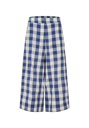 Broek met wijde pijpen met blauw-wit geruit patroon, hoge taille en een losse pasvorm.