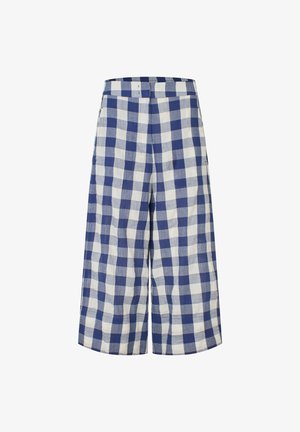 Pantaloni a gamba larga con motivo a quadri blu e bianco, vita alta e vestibilità comoda.