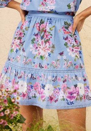 Gaiši zila svārku ar rozā, baltu un violetu ziedu un tauriņu rakstiem, ar savākto jostasvietu un mežģīņu apdari apakšmalā.