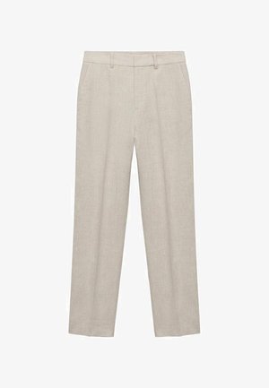 Bežene lanene hlače s ravnim krojem, z ravnim sprednjim delom, zankami za pas in stranskimi žepi. Gladka tekstura brez vzorcev.