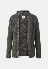 Gray knit cardigan with a hood, featuring an open front, two front pockets, and a textured, marled pattern throughout.