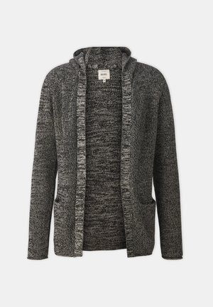 Gray knit cardigan with a hood, featuring an open front, two front pockets, and a textured, marled pattern throughout.