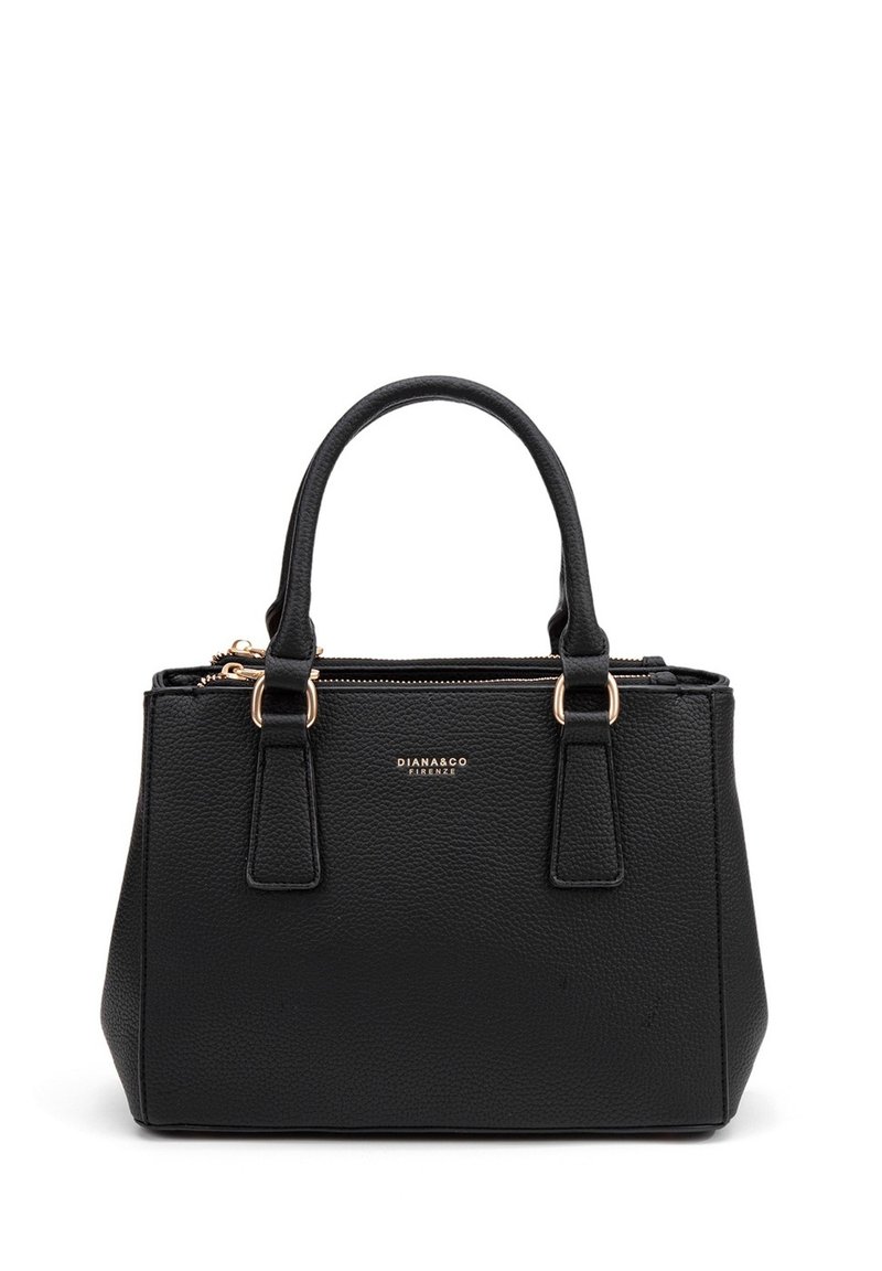 Borsa a mano in pelle nera con hardware dorato, manici superiori doppi, finitura testurizzata e chiusura con zip. Logo del brand visibile sul davanti.