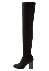 Bottes noires au-dessus du genou en tissu doux, dotées d'un talon haut épais et d'un design sans coutures avec une texture lisse.
