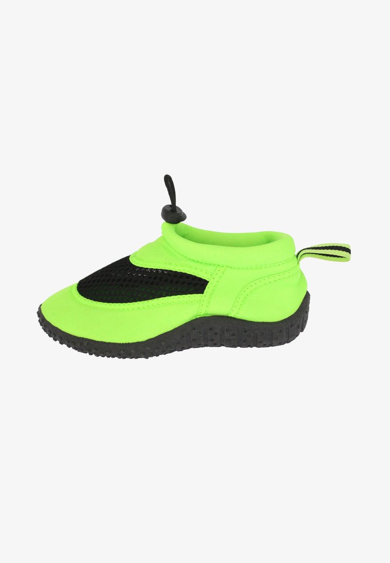 Neongrüner Slipper mit schwarzem Mesh-Einsatz, strukturiertem Gummisohle und einem Zugband. Verfügt über eine Fersenlasche für einfaches Anziehen.