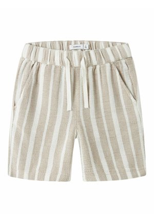 Beige og hvite stripete strikkede shorts med elastisk midje og hvit snor, med sidelommer og merkelapp inni livet.