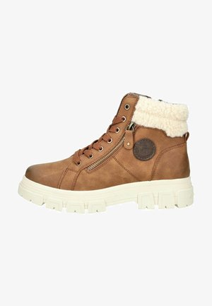 Bruine faux leren enkellaarzen met een witte bontkraag, ronde neus, veters aan de voorkant, zijrits en een dikke, gestructureerde witte zool.