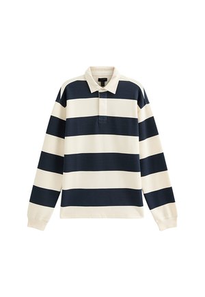 Polo de manga larga a rayas en azul marino y crema, con cuello y tapeta de botones. Tejido cómodo con puños y dobladillo acanalados.