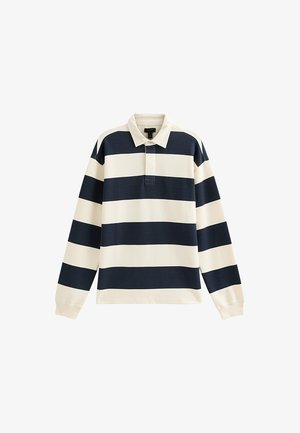 Navy and cream striped long-sleeve polo shirt with a collar and button placket. Comfortable fabric with ribbed cuffs and hem.