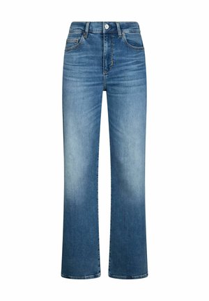 Jean en denim bleu taille haute avec une jambe légèrement évasée, poches avant et arrière, et fermeture par bouton et zip.