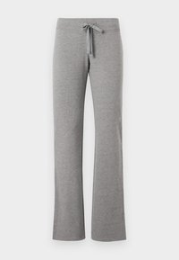 Γκρι παντελόνι φόρμας από βαμβακερό μείγμα με φαρδιά γραμμή, ελαστική μέση και ρυθμιζόμενο κορδόνι. Μαλακή υφή, λεία επιφάνεια, χωρίς σχέδια.