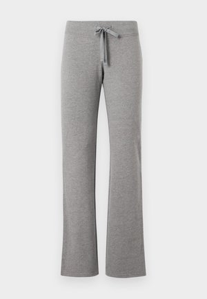 Pilkos medvilnės mišinio laisvalaikio kelnės platėjančiomis kojomis, su elastine juosmens dalimi ir reguliuojama raišteliu. Minkšta tekstūra, lygi apdaila, be raštų.