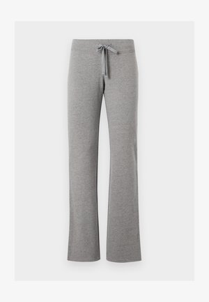 Pantaloni sport gri din amestec de bumbac, cu croială largă, talie elastică și șnur reglabil. Textură moale, finisaj neted, fără modele.