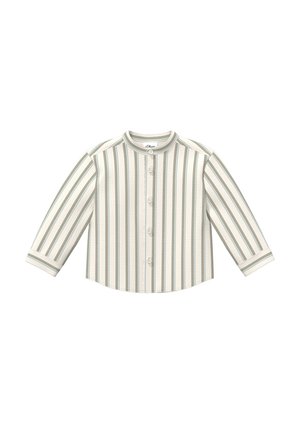 Koszula na guziki z długim rękawem o pionowych zielono-białych paskach i okrągłym kołnierzykiem, rozłożona na płasko na białym tle.