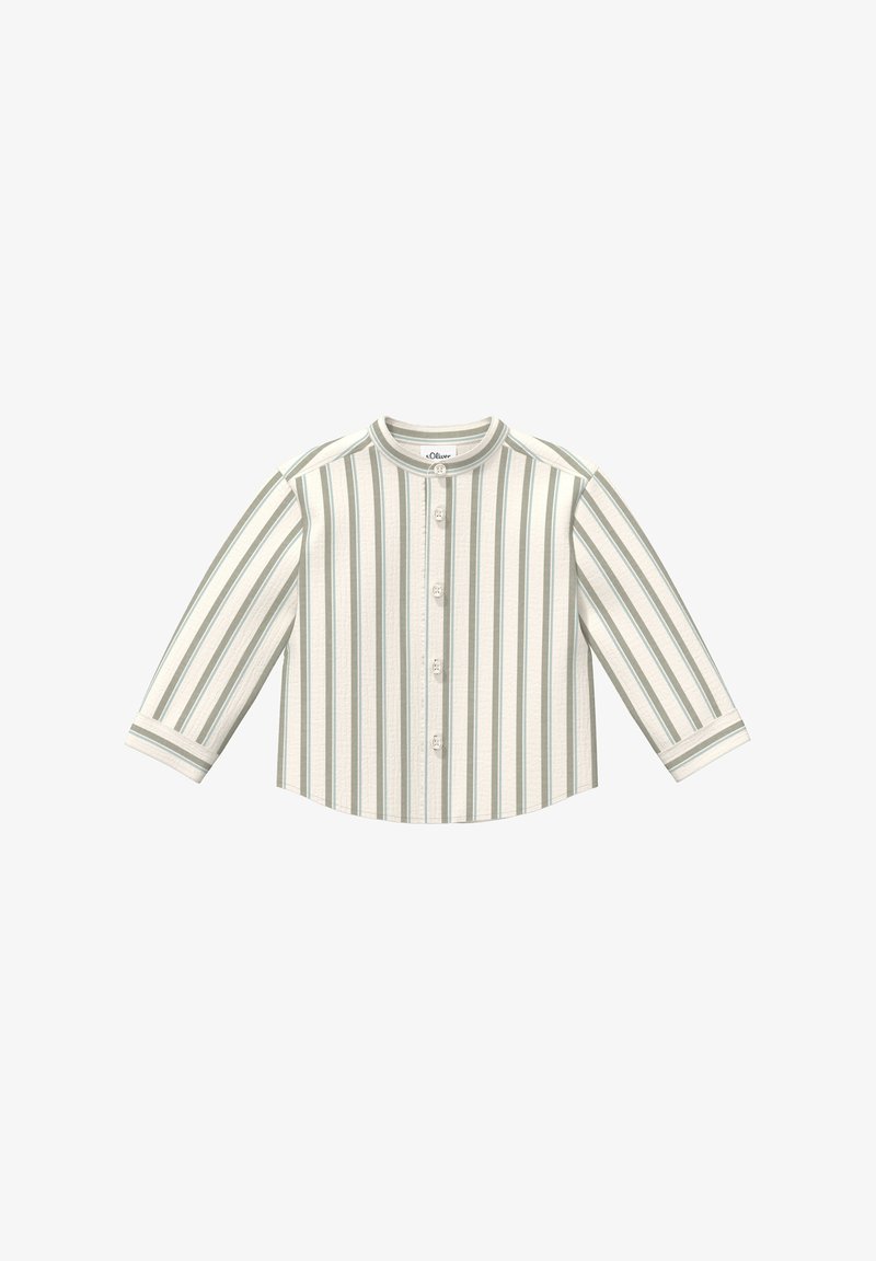 Langärmliges Hemd mit Knopfleiste, vertikal grünen und weißen Streifen und rundem Kragen, flach auf einem weißen Hintergrund liegend.