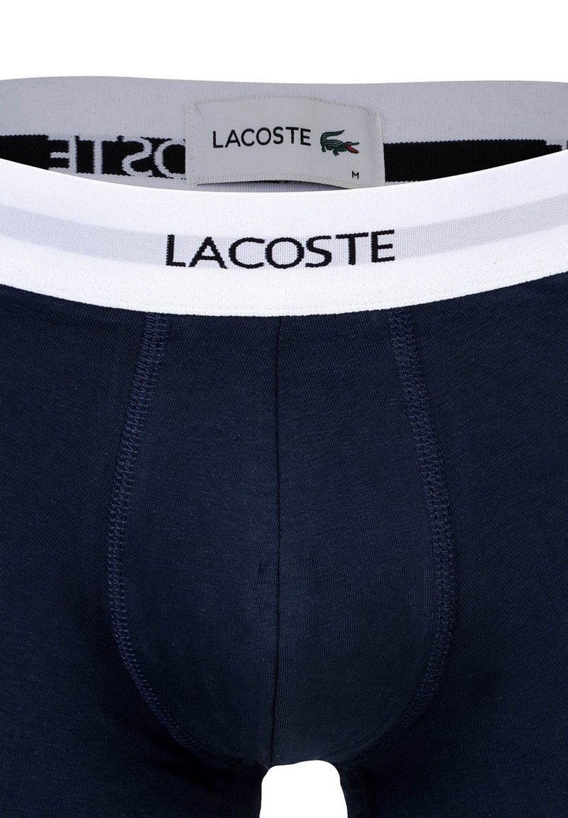 Navy cotton boxer briefs with a white elastic waistband featuring the Lacoste logo, designed for comfort and support.