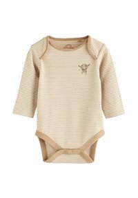 Långärmad baby bodysuit i tan med krämfärgade ränder, med en liten tjurillustration och tryckknappar nederst. Mjuk tygtextur.