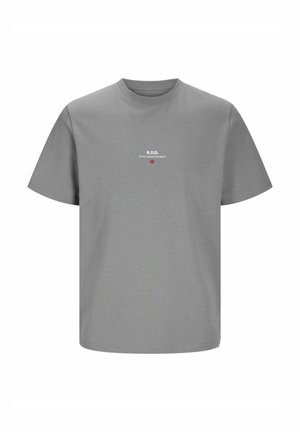 T-shirt en coton gris à manches courtes, col rond, avec un imprimé sur le devant représentant "R.D.D. ROYAL DENIM DIVISION" et un détail de cercle coloré.