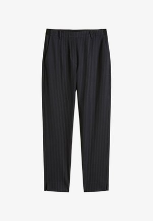 Zwarte pantalon met fijne krijtstreeppatronen, voorplooien, zijzakken, ceintuurlussen en enkelopeningen op een witte achtergrond.