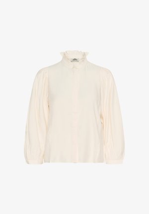 Cremfarbene Bluse mit einer Rüschennote, langen Puffärmeln und einer Knopfverschluss. Glatter Stoff mit einem subtilen Glanz, ohne Muster oder Akzente.