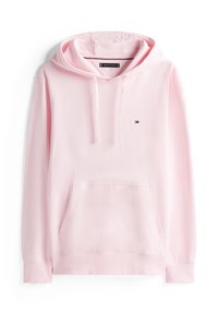 Felpa rosa chiaro in cotone, con tasca a marsupio frontale, cordini e un piccolo logo sul petto. Texture morbida, design casual.