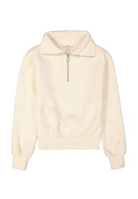 Suéter color crema con un cuello alto, cierre de media cremallera en la parte delantera, mangas raglán y una cintura ajustada. Tejido suave y liso con una silueta relajada.