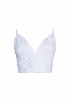 Weißes, kurzes Bralette mit verstellbaren dünnen Trägern und erhabenem Blumenstickerei auf den Vorderpaneelen.