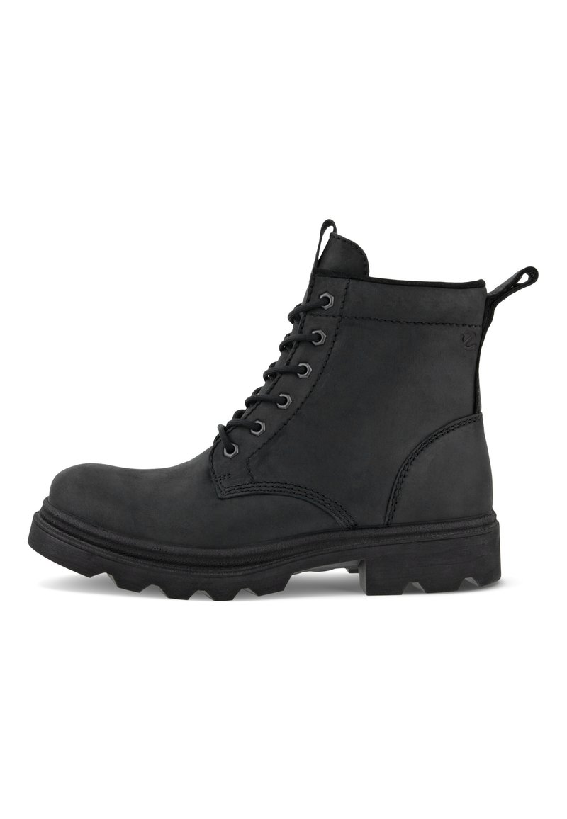 Bottines en cuir noir avec un bout arrondi, un laçage à l'avant, un col rembourré et une semelle en caoutchouc texturée et crantée pour une meilleure traction.