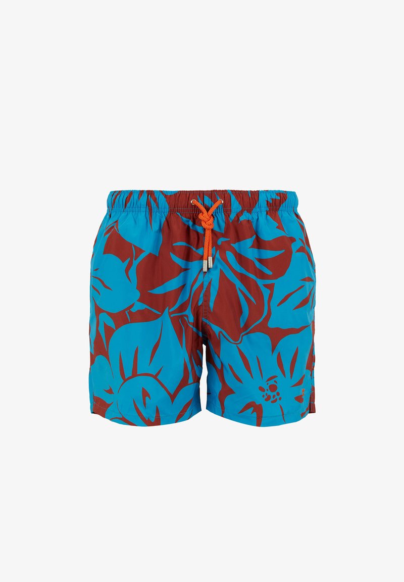 Herren-Schwimmshorts mit einem blau-braunen Blumenmuster, elastischem Bund mit orangen Kordeln und leichtem Material.