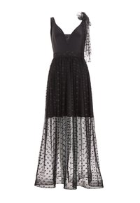 Robe noire avec un corsage ajusté, décolleté en V et bretelles spaghetti, superposée avec un tissu transparent à motif et un détail de nœud sur le côté.