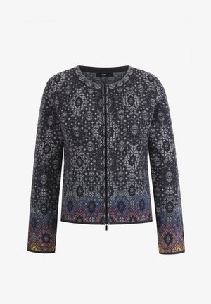 Giacca nera a motivo con maniche lunghe, caratterizzata da un design a gradiente che passa dal blu all'arancione all'orlo, con chiusura frontale a zip.