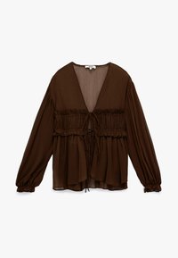 Brun, let bluse med dyb V-udskæring, sammenpresset talje, lange ærmer og flæser; har en lukning med frontknude og gennemsigtig tekstur.
